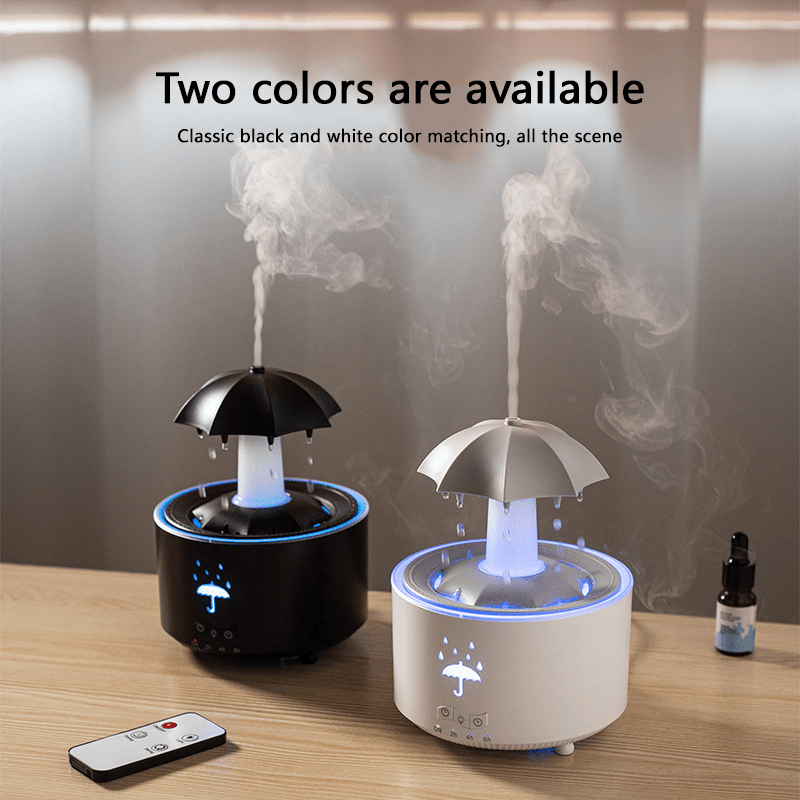 A rotating umbrella humidifier with water droplets and large mist output, desktop aromatherapy machine with colorful lights, remote control included, ideal for bedrooms and offices.