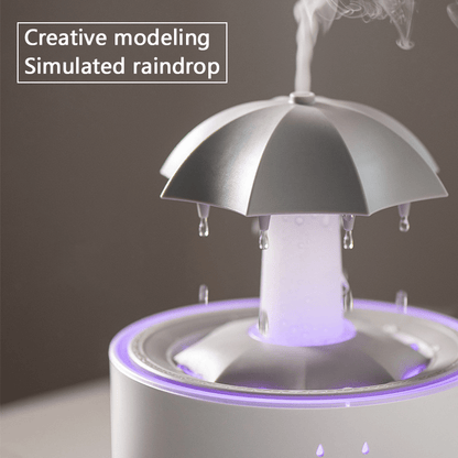 A rotating umbrella humidifier with water droplets and large mist output, desktop aromatherapy machine with colorful lights, remote control included, ideal for bedrooms and offices.