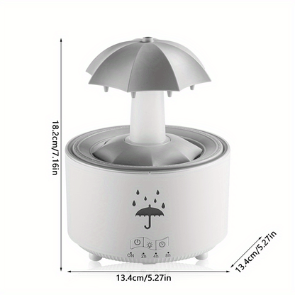 A rotating umbrella humidifier with water droplets and large mist output, desktop aromatherapy machine with colorful lights, remote control included, ideal for bedrooms and offices.