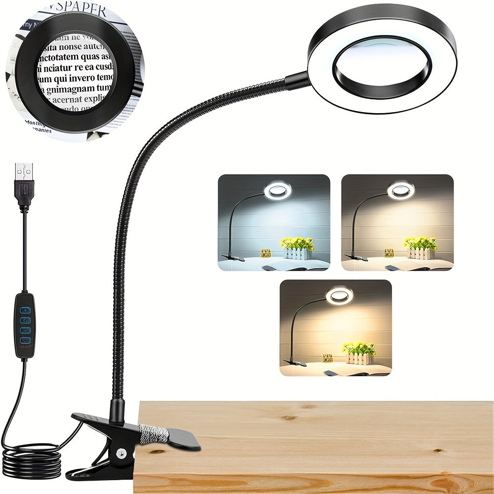 HOTU LED Desk Lamp with Magnifying Glass, 10X Brightness, USB Powered, Flexible Gooseneck Clamp Light for Reading, Work, and DIY - Eye Protection Design, No Battery Needed