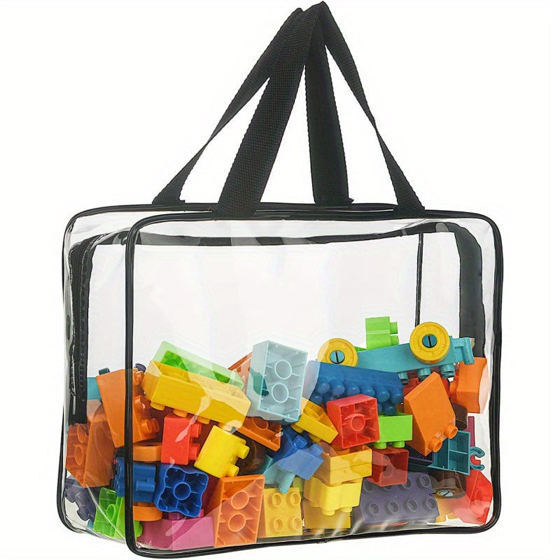 1 piece of a large transparent PVC waterproof storage bag with a black zipper. This versatile organizer is perfect for keeping toys, books, puzzles, and travel essentials neat and tidy. Made of durable plastic, this storage bag requires no electricity