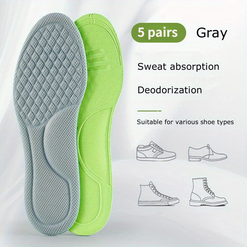 5 pairs of breathable sports insoles for men and women that are sweat-absorbing and provide soft full foot cushions for summer.