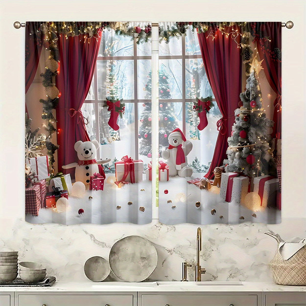 These curtains come in a set of 2, made of polyester material with HD digital printing of a Christmas theme featuring window scenes, Christmas gifts, and snowman patterns. The light filtering curtains are perfect for bedrooms, living rooms, offices, and