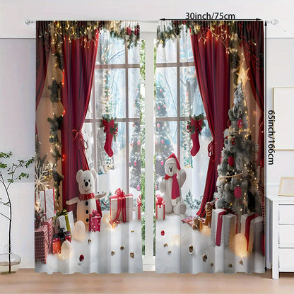 These curtains come in a set of 2, made of polyester material with HD digital printing of a Christmas theme featuring window scenes, Christmas gifts, and snowman patterns. The light filtering curtains are perfect for bedrooms, living rooms, offices, and