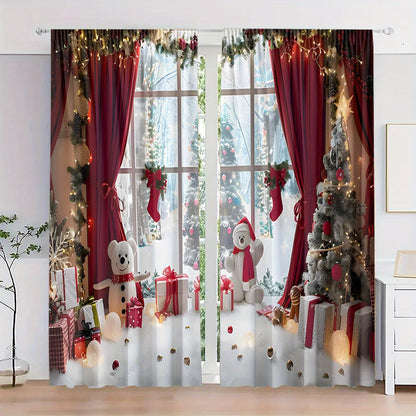 These curtains come in a set of 2, made of polyester material with HD digital printing of a Christmas theme featuring window scenes, Christmas gifts, and snowman patterns. The light filtering curtains are perfect for bedrooms, living rooms, offices, and