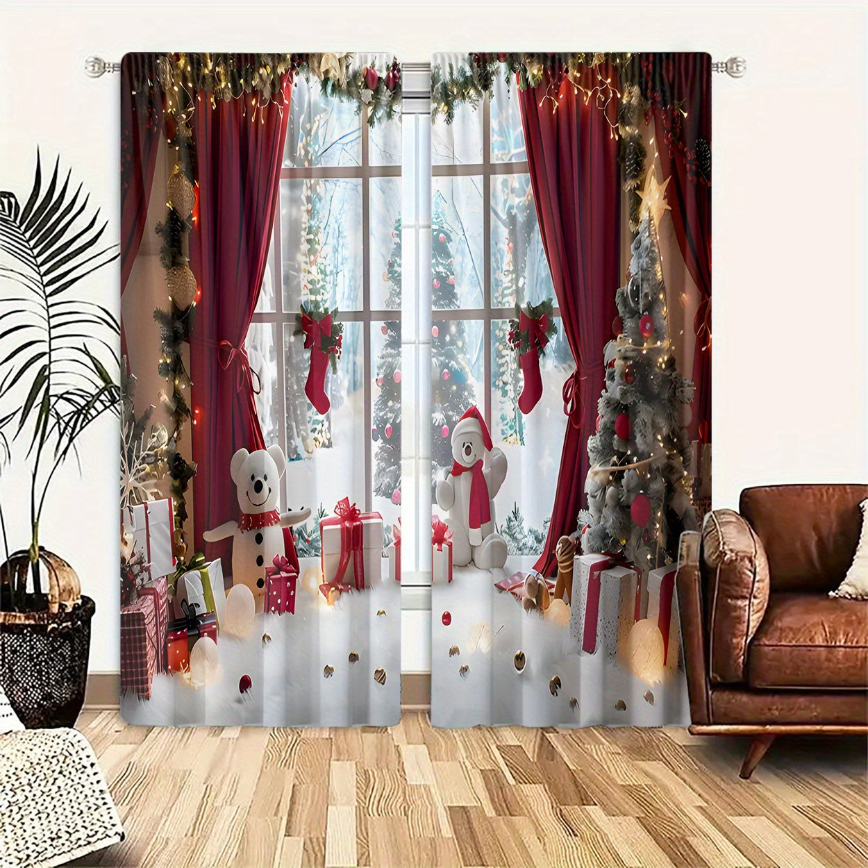 These curtains come in a set of 2, made of polyester material with HD digital printing of a Christmas theme featuring window scenes, Christmas gifts, and snowman patterns. The light filtering curtains are perfect for bedrooms, living rooms, offices, and