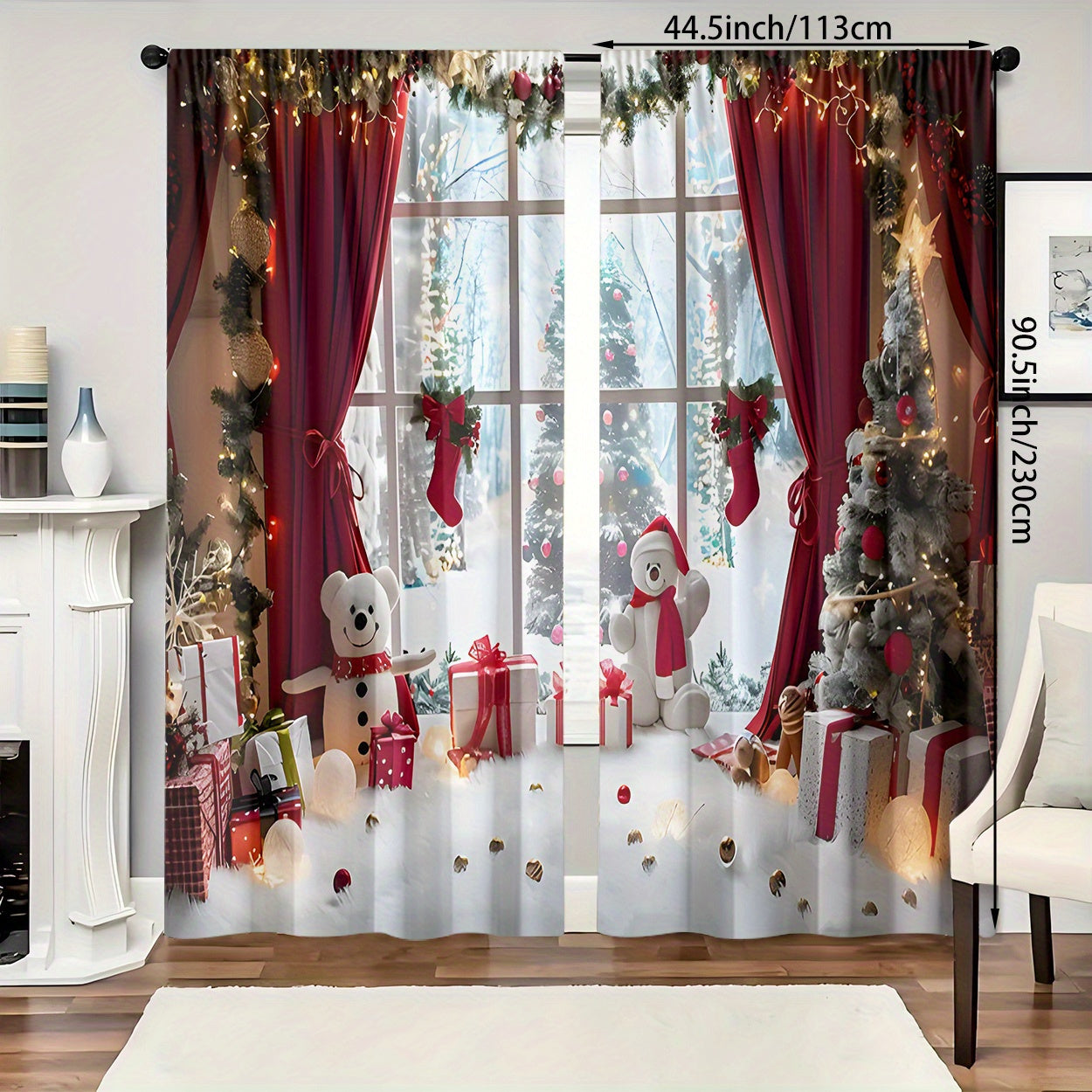 These curtains come in a set of 2, made of polyester material with HD digital printing of a Christmas theme featuring window scenes, Christmas gifts, and snowman patterns. The light filtering curtains are perfect for bedrooms, living rooms, offices, and