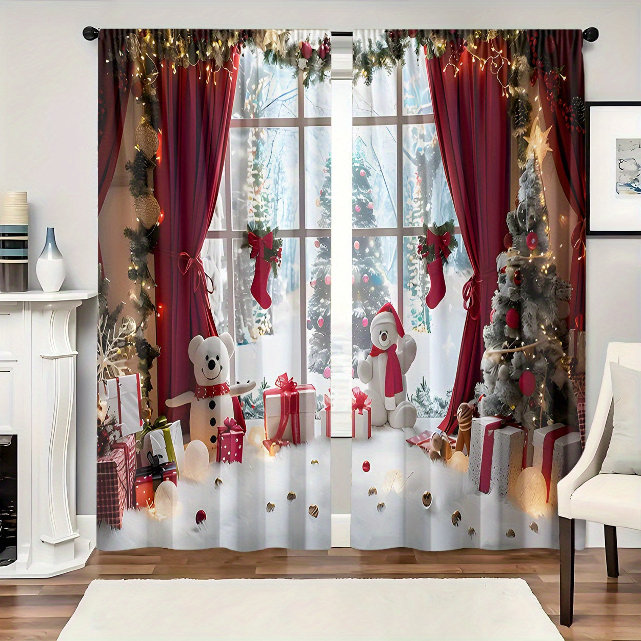 These curtains come in a set of 2, made of polyester material with HD digital printing of a Christmas theme featuring window scenes, Christmas gifts, and snowman patterns. The light filtering curtains are perfect for bedrooms, living rooms, offices, and