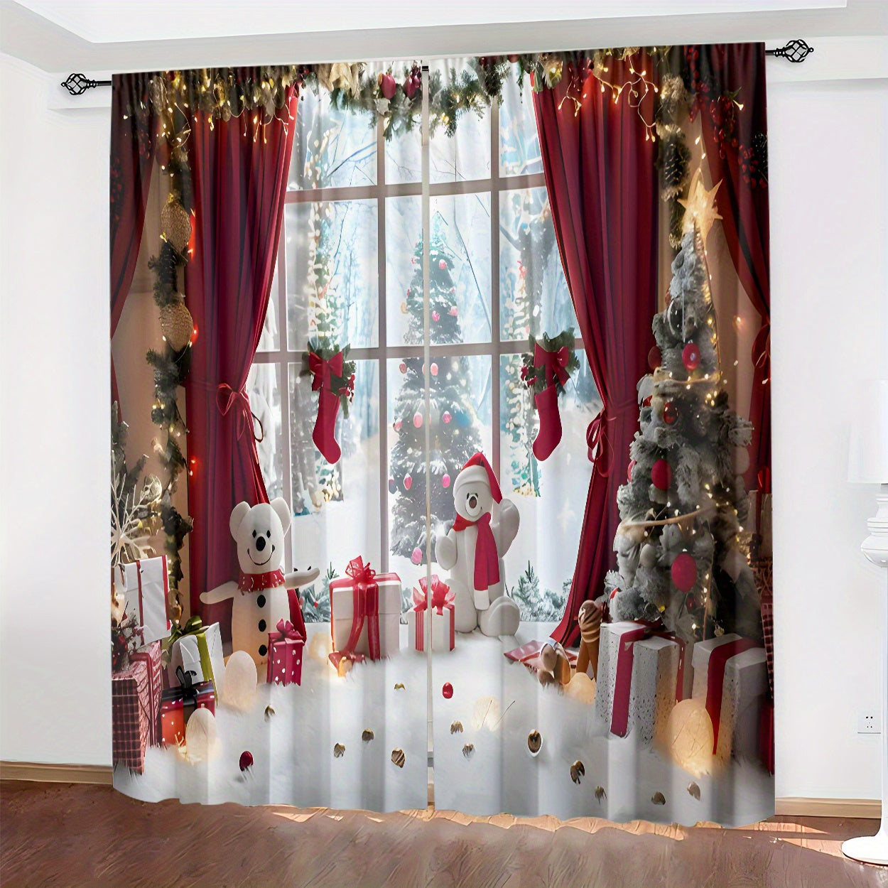 These curtains come in a set of 2, made of polyester material with HD digital printing of a Christmas theme featuring window scenes, Christmas gifts, and snowman patterns. The light filtering curtains are perfect for bedrooms, living rooms, offices, and