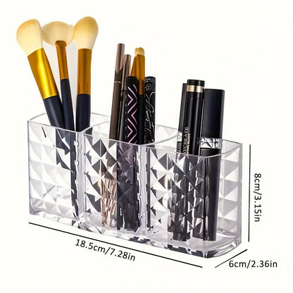 Durable plastic makeup organizer with multiple compartments for bathroom and home organization.