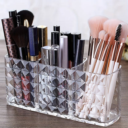 Durable plastic makeup organizer with multiple compartments for bathroom and home organization.