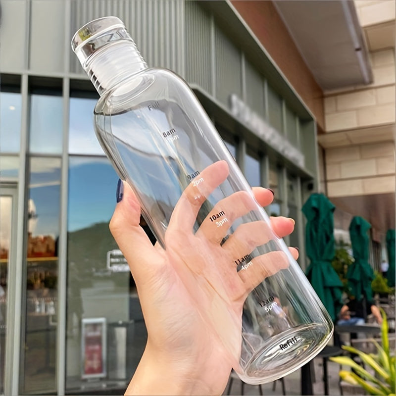 BPA-free clear plastic water bottle with time marker, ideal for juice and milk, portable and lightweight for kitchen and dining.