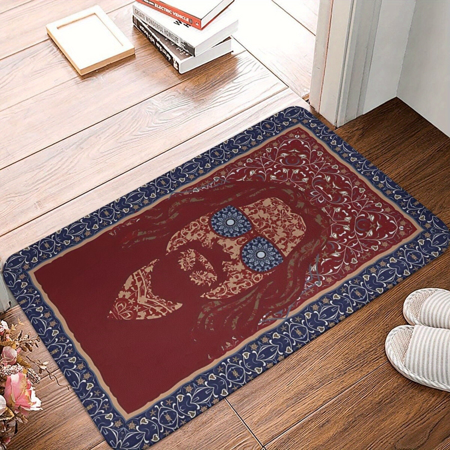 1pc "The Dude Abides" Non-Slip Doormat features a rectangular shape and is made of machine washable polyester material. The mat includes a red and blue floral design, making it suitable for use in the bathroom, kitchen, or outdoor areas. This lightweight