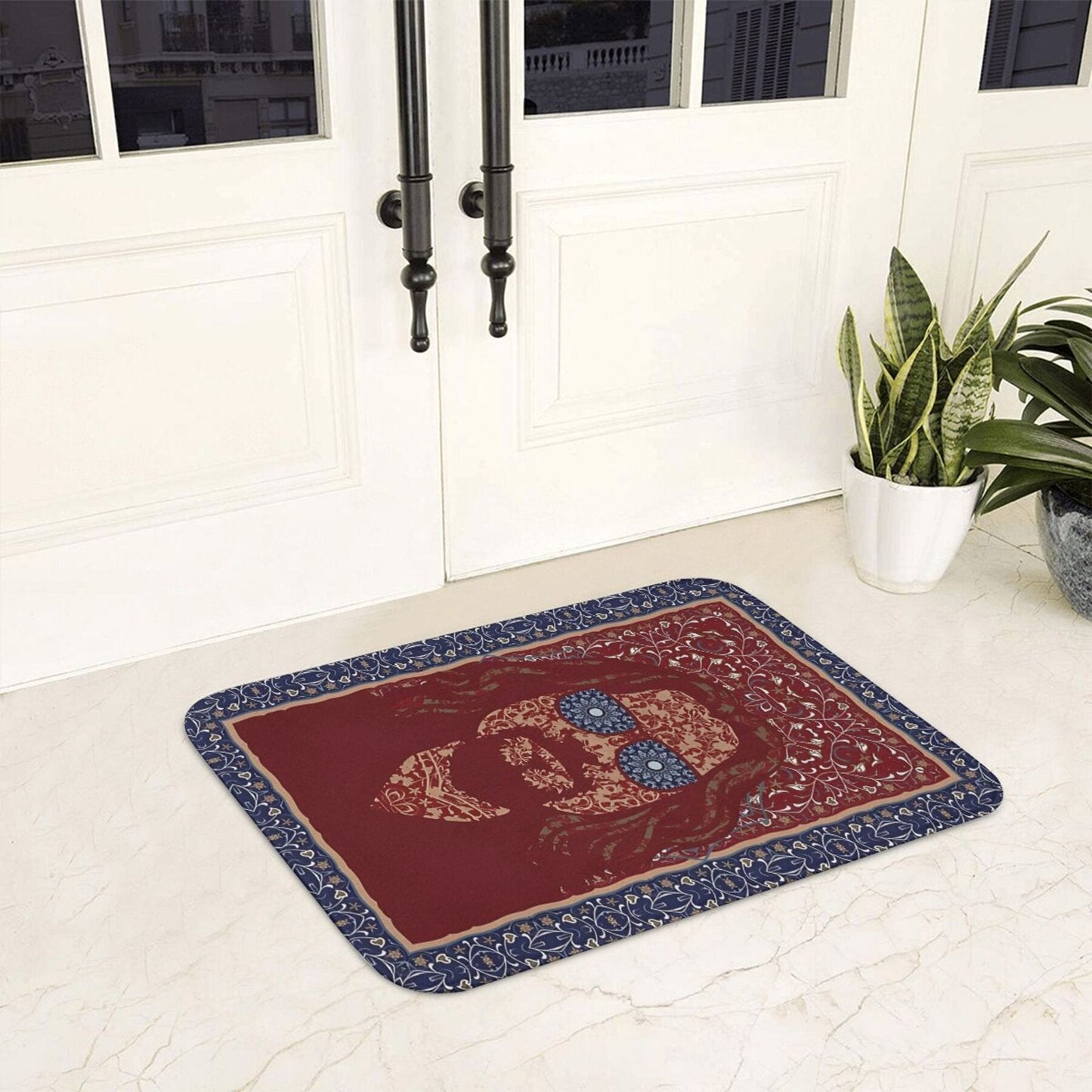 1pc "The Dude Abides" Non-Slip Doormat features a rectangular shape and is made of machine washable polyester material. The mat includes a red and blue floral design, making it suitable for use in the bathroom, kitchen, or outdoor areas. This lightweight