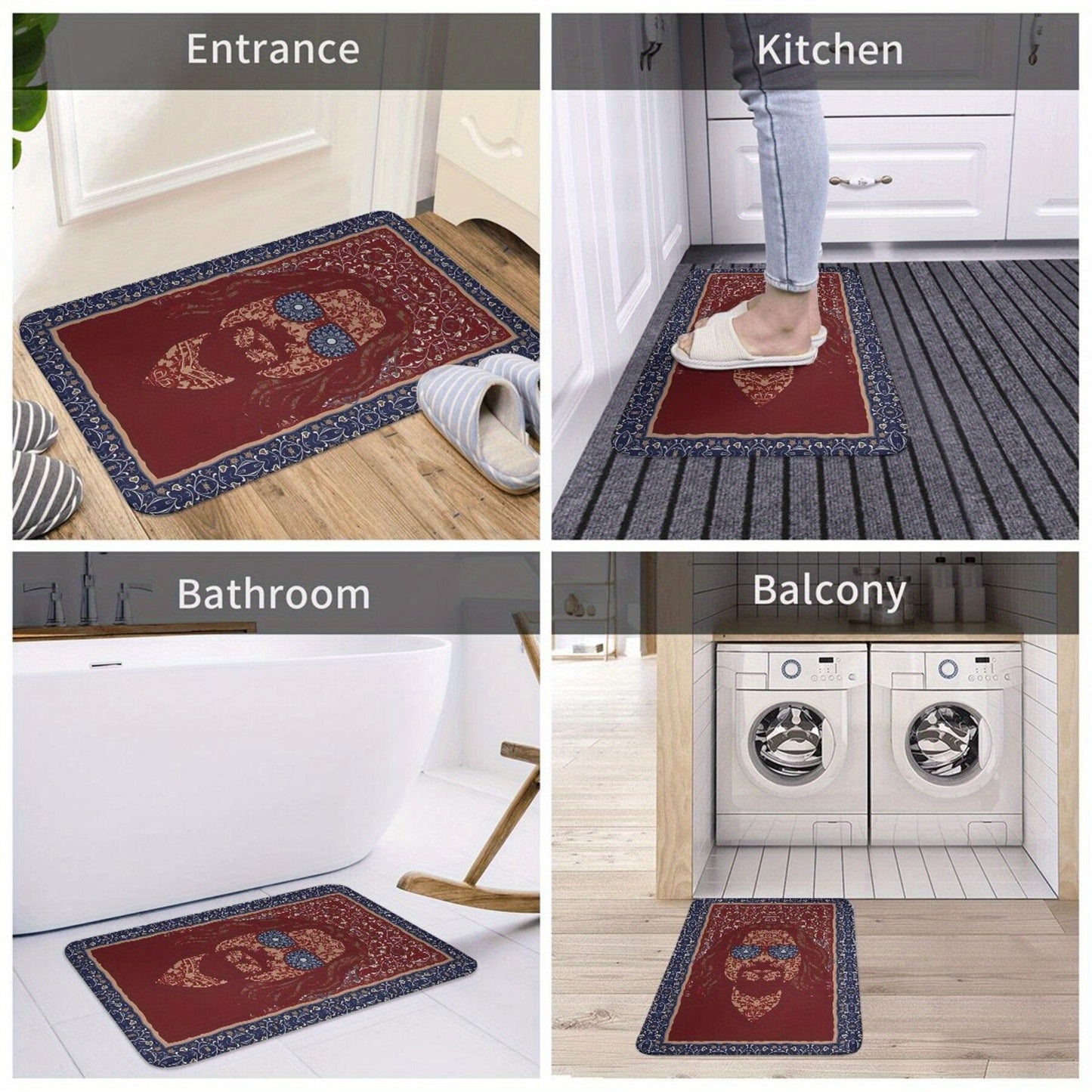 1pc "The Dude Abides" Non-Slip Doormat features a rectangular shape and is made of machine washable polyester material. The mat includes a red and blue floral design, making it suitable for use in the bathroom, kitchen, or outdoor areas. This lightweight