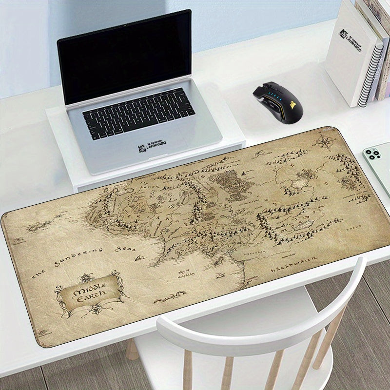 Durable rubber gaming mouse pad with non-slip Middle Earth Map design for gamers, office, and home use.