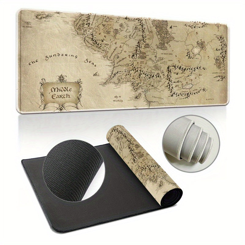 Durable rubber gaming mouse pad with non-slip Middle Earth Map design for gamers, office, and home use.