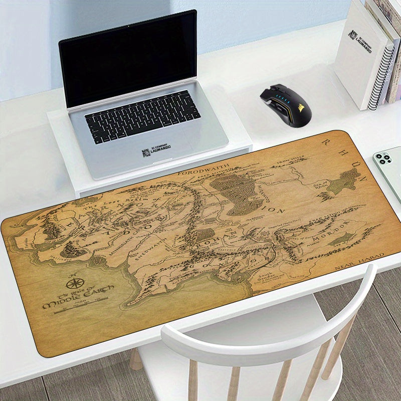 Durable rubber gaming mouse pad with non-slip Middle Earth Map design for gamers, office, and home use.