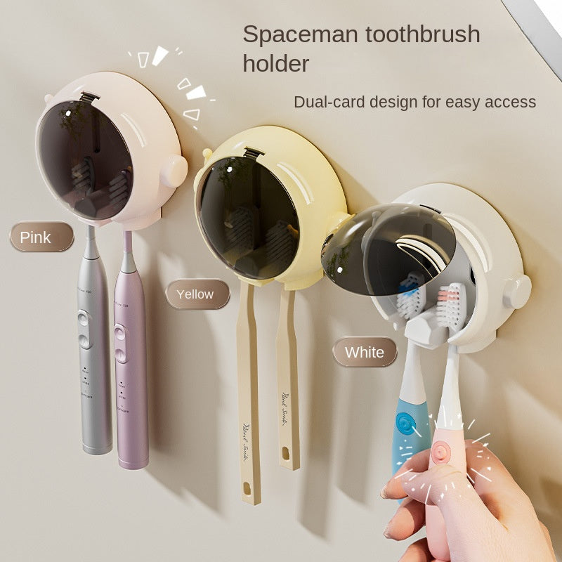 Space-saving toothbrush holder hangs on wall, ideal for electric and manual brushes, with dust cover and no drill needed.