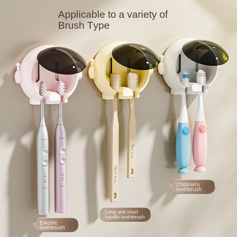 Space-saving toothbrush holder hangs on wall, ideal for electric and manual brushes, with dust cover and no drill needed.