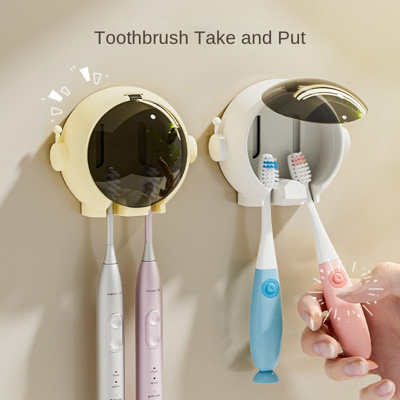 Space-saving toothbrush holder hangs on wall, ideal for electric and manual brushes, with dust cover and no drill needed.