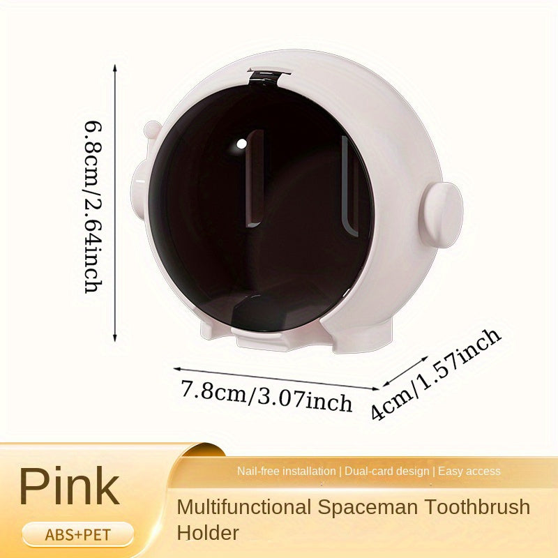 Space-saving toothbrush holder hangs on wall, ideal for electric and manual brushes, with dust cover and no drill needed.