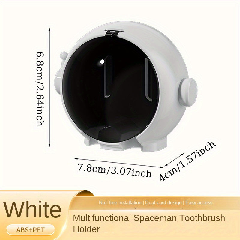 Space-saving toothbrush holder hangs on wall, ideal for electric and manual brushes, with dust cover and no drill needed.