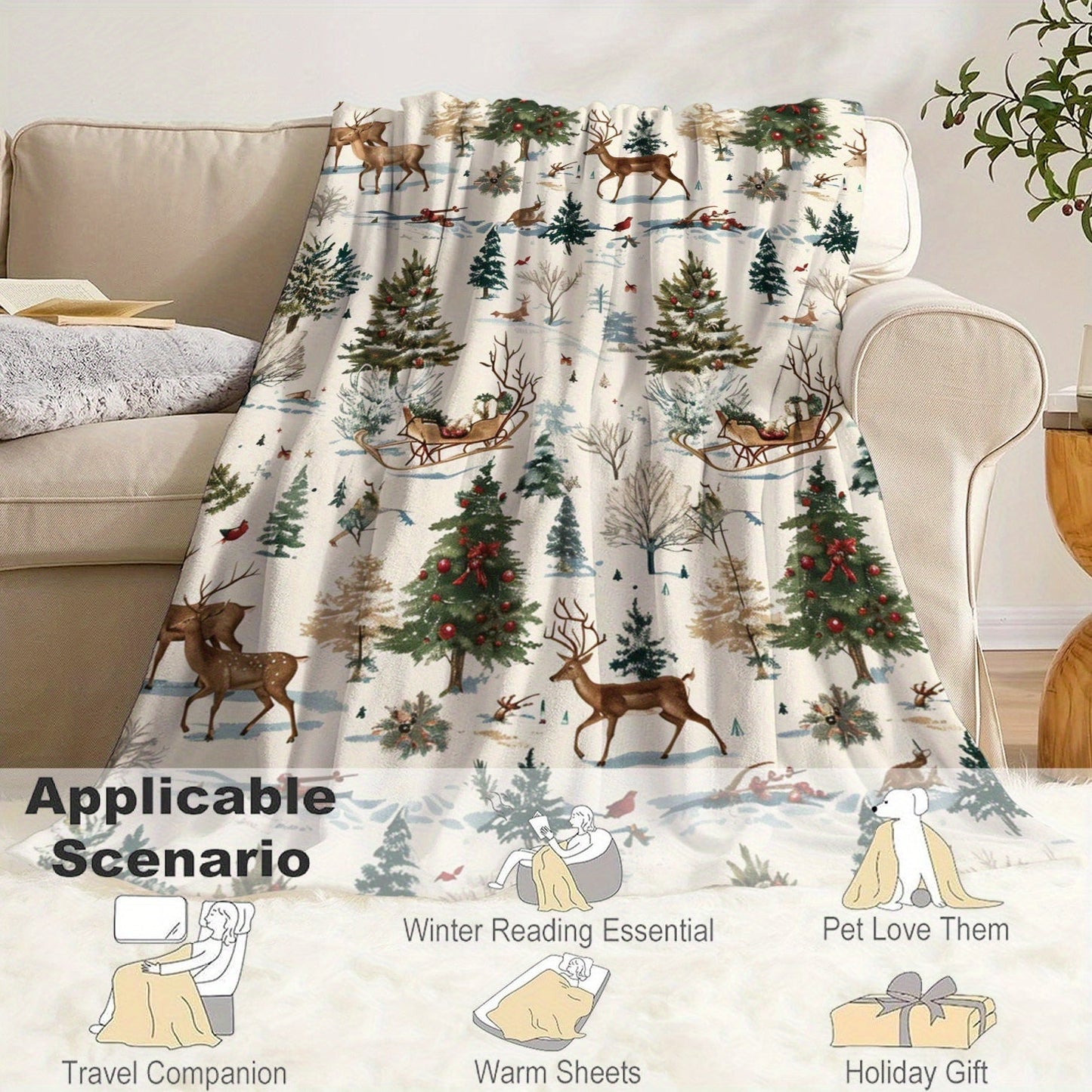 Soft and lightweight flannel throw blanket with a cozy Christmas theme, ideal for all seasons. Perfect for bed, sofa, office, camping, and travel to keep you warm.