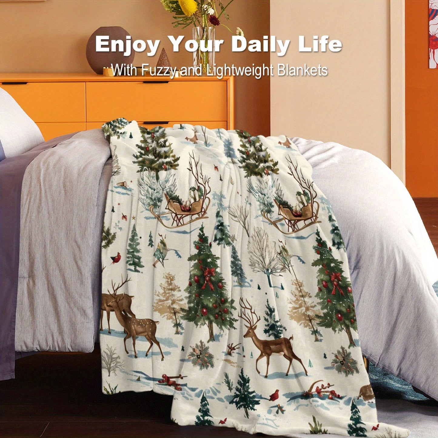 Soft and lightweight flannel throw blanket with a cozy Christmas theme, ideal for all seasons. Perfect for bed, sofa, office, camping, and travel to keep you warm.