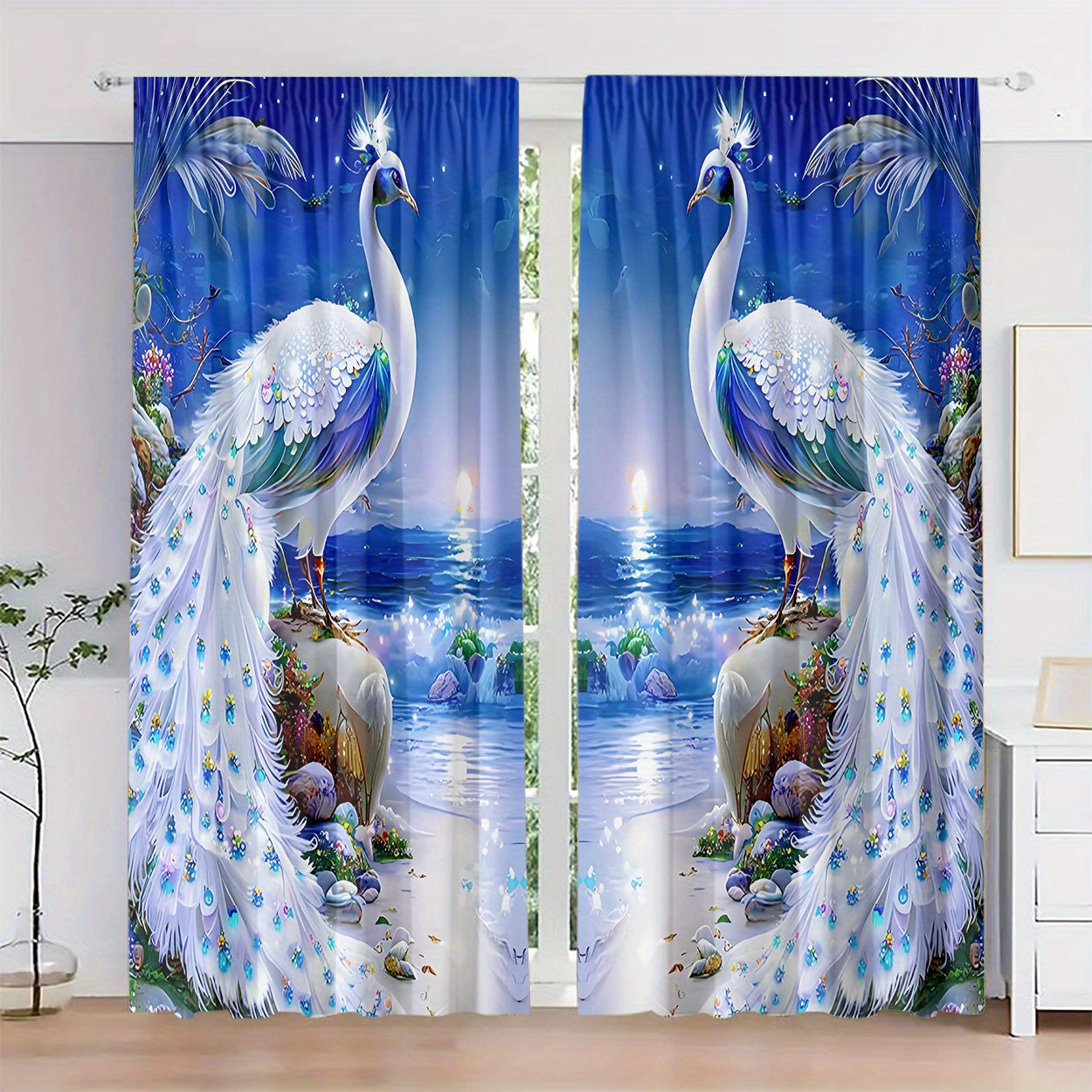 2 Elegant Peacock Print Curtains in Vibrant Blue & White, Light-Filtering Polyester Drapes with Rod Pocket Design for Home Decor