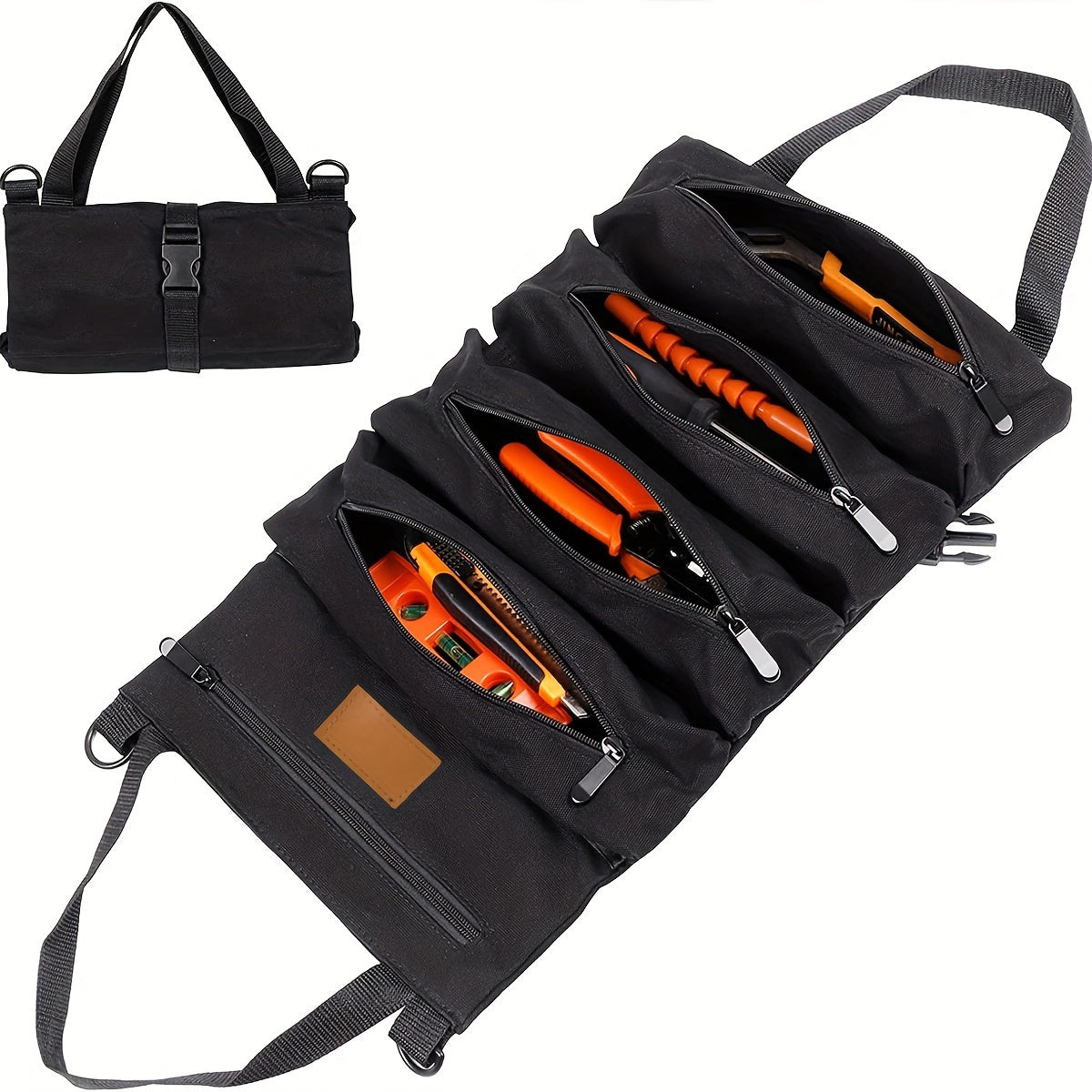 Introducing the NewShark Multi-Purpose Roll-Up Tool Organizer, a compact and durable storage bag with 5 zippered pockets for all your essential tools. Perfect for work or outdoor adventures.