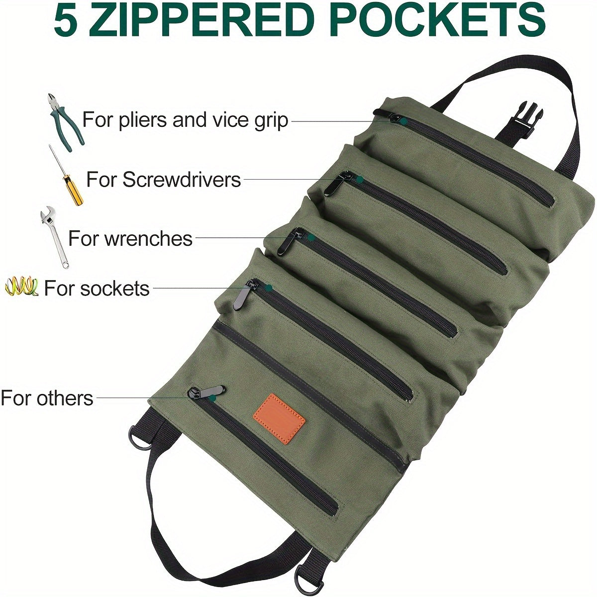 Introducing the NewShark Multi-Purpose Roll-Up Tool Organizer, a compact and durable storage bag with 5 zippered pockets for all your essential tools. Perfect for work or outdoor adventures.