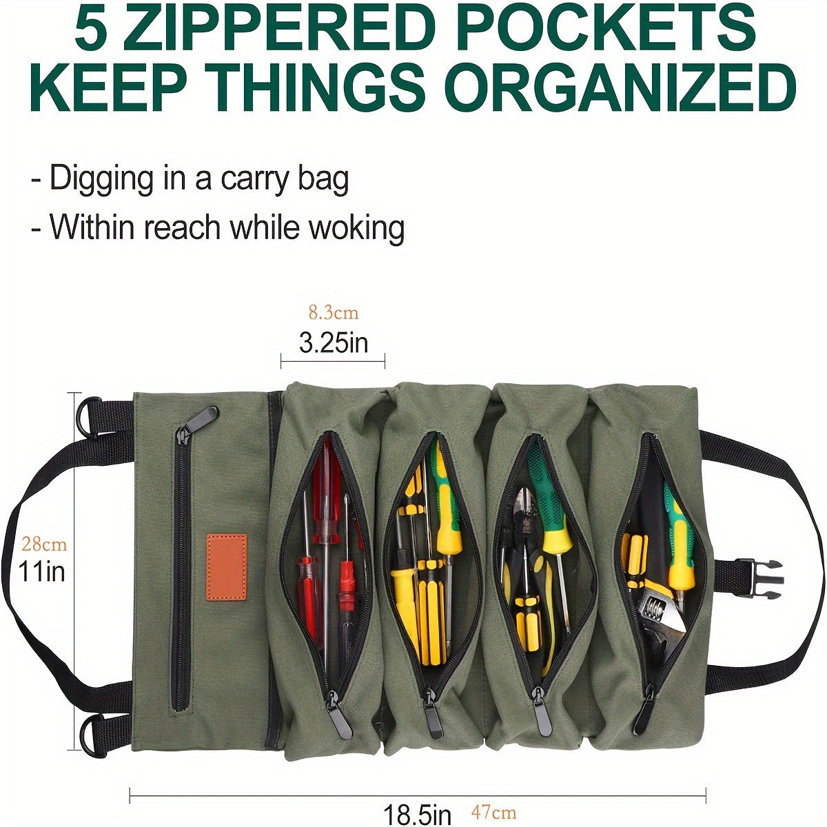 Introducing the NewShark Multi-Purpose Roll-Up Tool Organizer, a compact and durable storage bag with 5 zippered pockets for all your essential tools. Perfect for work or outdoor adventures.