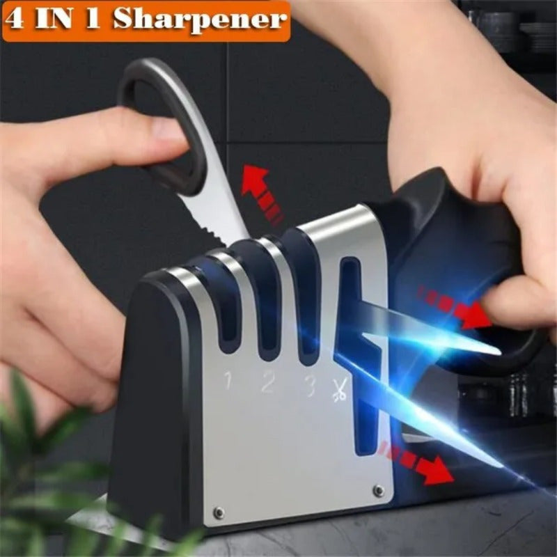 Manual knife sharpener with professional stainless steel blade sharpening tool for kitchen knives and scissors, no battery or power needed.