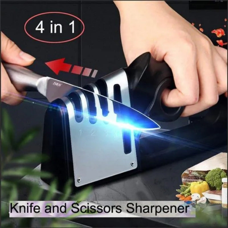 Manual knife sharpener with professional stainless steel blade sharpening tool for kitchen knives and scissors, no battery or power needed.