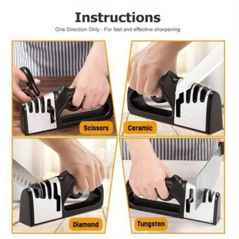 Manual knife sharpener with professional stainless steel blade sharpening tool for kitchen knives and scissors, no battery or power needed.