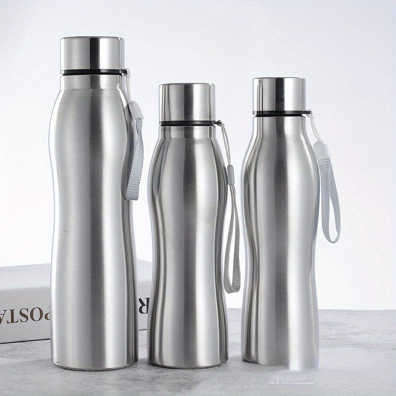 Large capacity stainless steel water bottle with steel cap, anti-shatter, PVC-free, portable and suitable for home, kitchen, travel, and outdoor use. Hand wash only. Oval shaped.