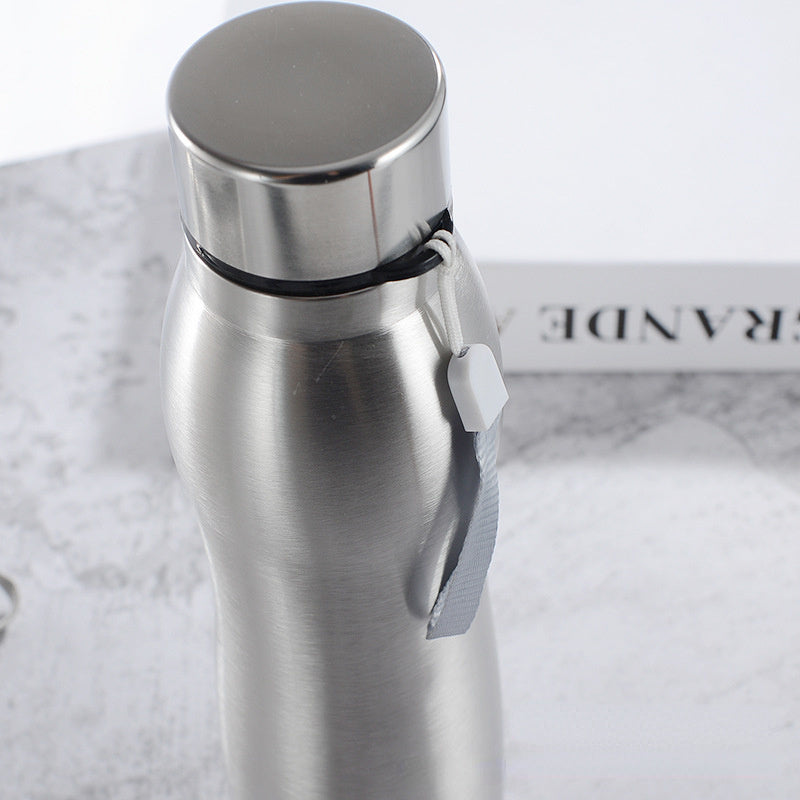 Large capacity stainless steel water bottle with steel cap, anti-shatter, PVC-free, portable and suitable for home, kitchen, travel, and outdoor use. Hand wash only. Oval shaped.