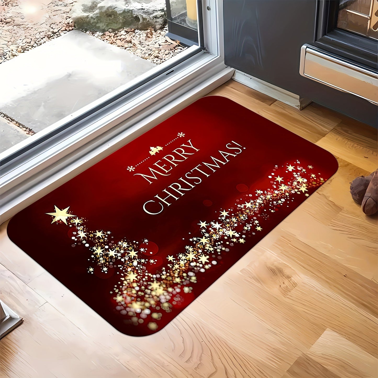 This Christmas Welcome Doormat features a sparkling stars pattern, perfect for adding a festive touch to your home. Made from anti-slip, easy to clean, stain-resistant, and machine washable polyester, this doormat is ideal for use in the living room