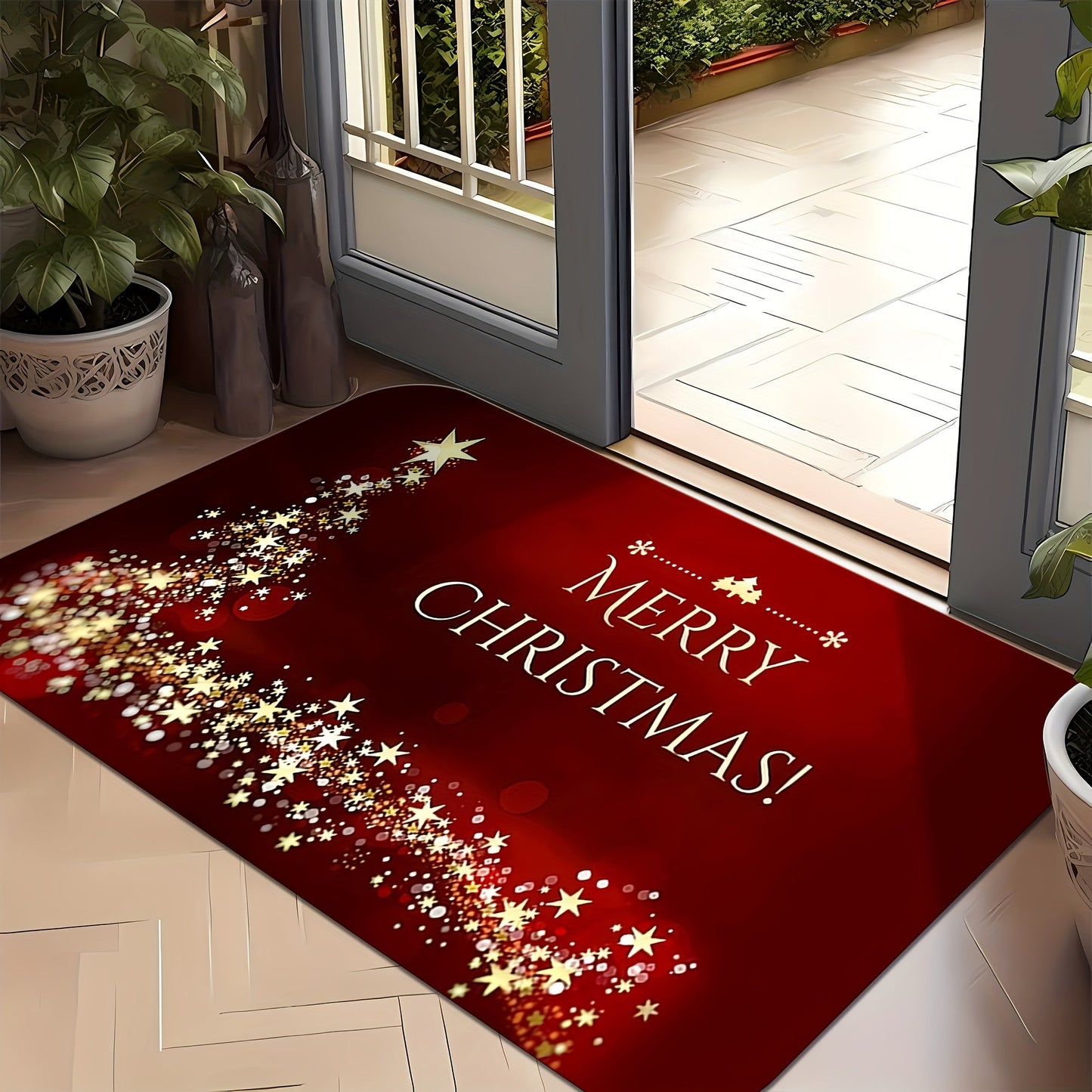 This Christmas Welcome Doormat features a sparkling stars pattern, perfect for adding a festive touch to your home. Made from anti-slip, easy to clean, stain-resistant, and machine washable polyester, this doormat is ideal for use in the living room