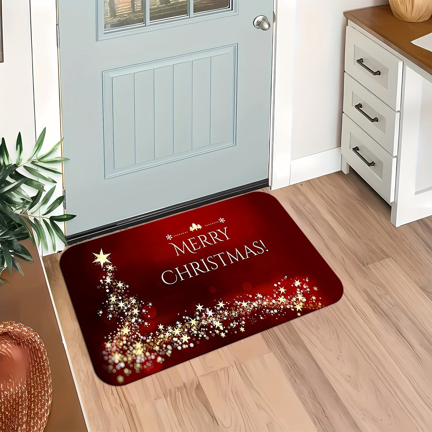 This Christmas Welcome Doormat features a sparkling stars pattern, perfect for adding a festive touch to your home. Made from anti-slip, easy to clean, stain-resistant, and machine washable polyester, this doormat is ideal for use in the living room