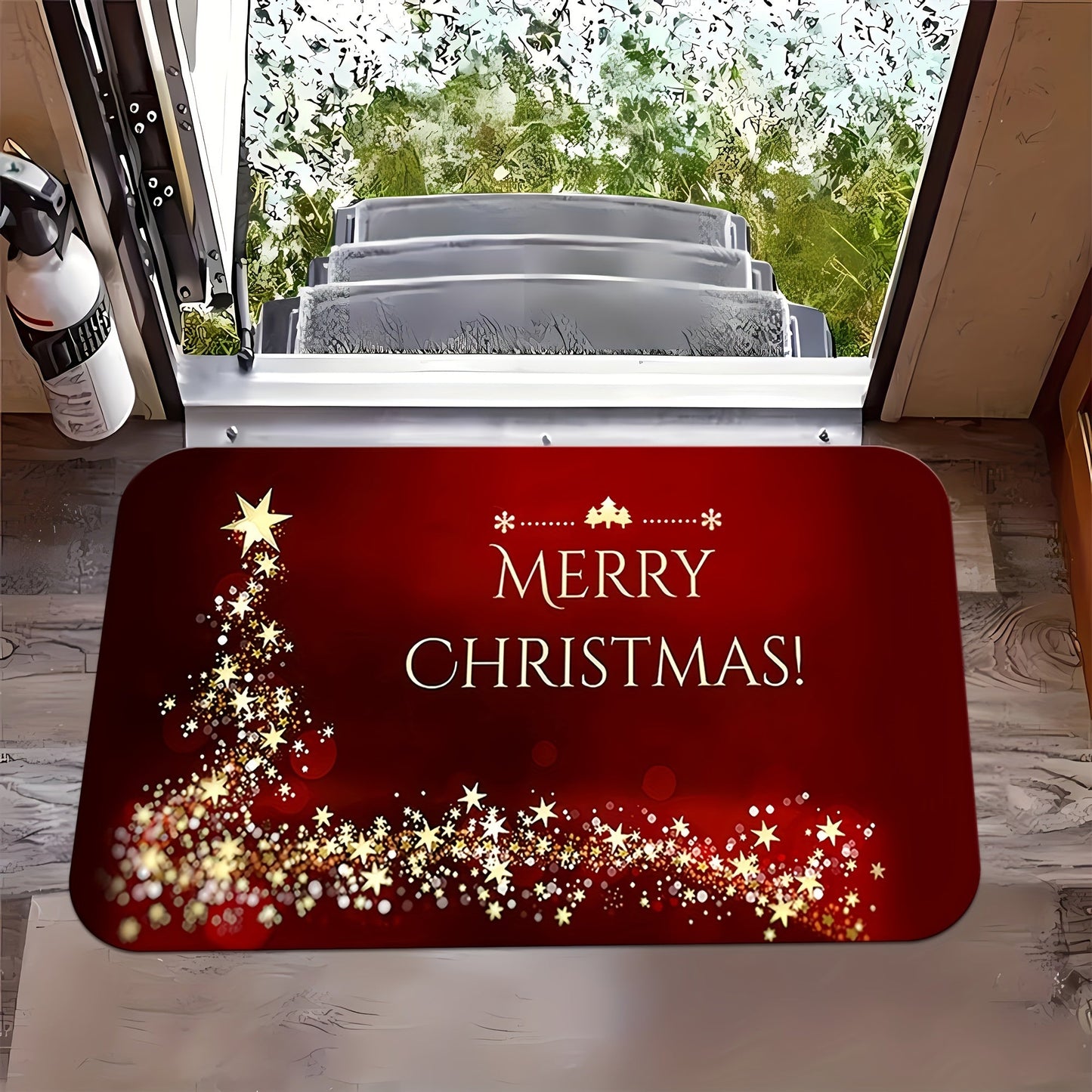 This Christmas Welcome Doormat features a sparkling stars pattern, perfect for adding a festive touch to your home. Made from anti-slip, easy to clean, stain-resistant, and machine washable polyester, this doormat is ideal for use in the living room