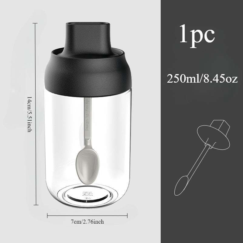 Lead-free glass condiment container with an airtight lid featuring an integrated spoon, keeps moisture out and requires no electricity. Includes a kitchen organizer for home use.