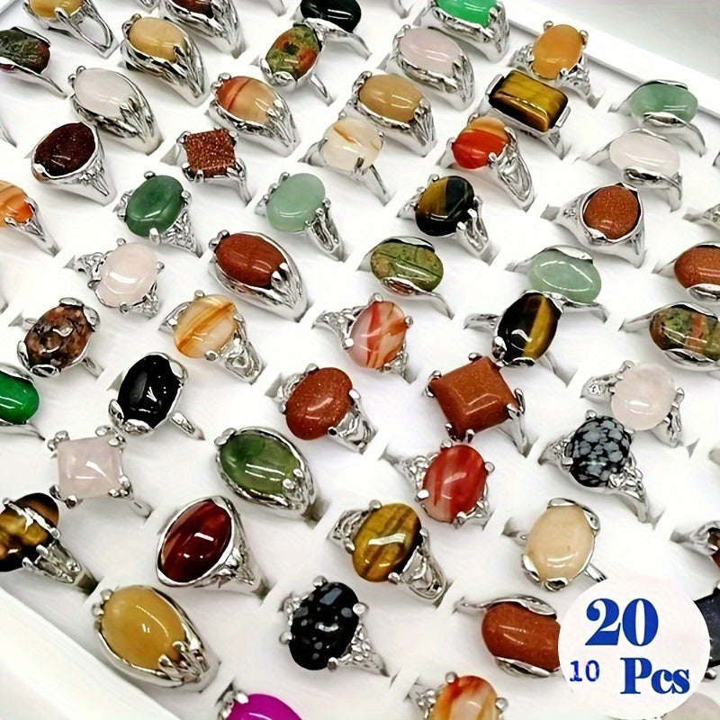 Set of 10/20 Vintage-Inspired Mixed Natural Stone Rings, Elegant Zinc Alloy Jewelry Suitable for Everyday Wear and Gifting, Ideal for Holidays such as Halloween, Thanksgiving, Christmas, and Easter