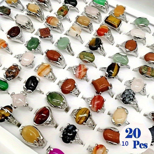 Set of 10/20 Vintage-Inspired Mixed Natural Stone Rings, Elegant Zinc Alloy Jewelry Suitable for Everyday Wear and Gifting, Ideal for Holidays such as Halloween, Thanksgiving, Christmas, and Easter