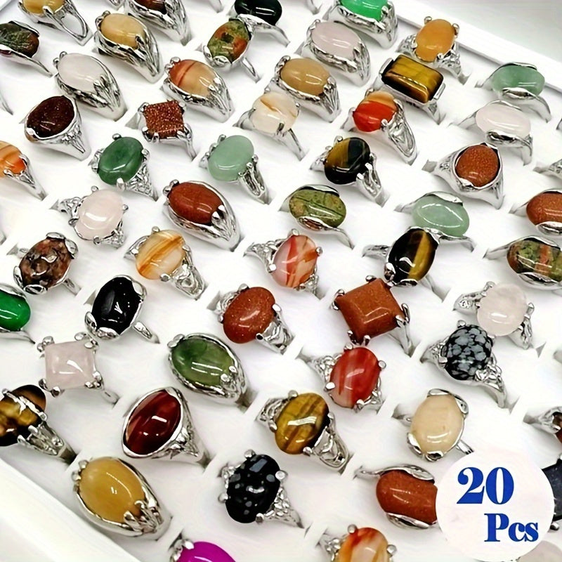 Set of 10/20 Vintage-Inspired Mixed Natural Stone Rings, Elegant Zinc Alloy Jewelry Suitable for Everyday Wear and Gifting, Ideal for Holidays such as Halloween, Thanksgiving, Christmas, and Easter