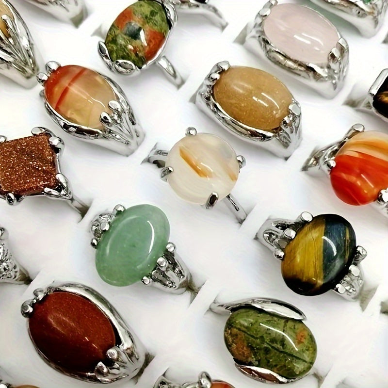 Set of 10/20 Vintage-Inspired Mixed Natural Stone Rings, Elegant Zinc Alloy Jewelry Suitable for Everyday Wear and Gifting, Ideal for Holidays such as Halloween, Thanksgiving, Christmas, and Easter