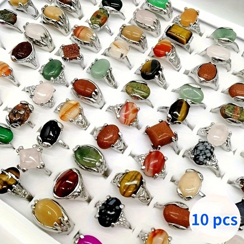 Set of 10/20 Vintage-Inspired Mixed Natural Stone Rings, Elegant Zinc Alloy Jewelry Suitable for Everyday Wear and Gifting, Ideal for Holidays such as Halloween, Thanksgiving, Christmas, and Easter