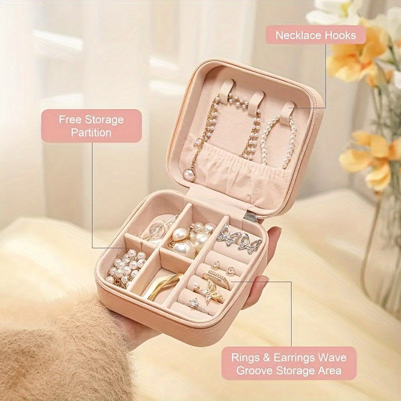 Waterproof PU jewelry organizer with zipper and detachable dividers. Ideal for rings, necklaces, watches, and earrings. Perfect gift for Christmas or Halloween. Great for travel and storage.