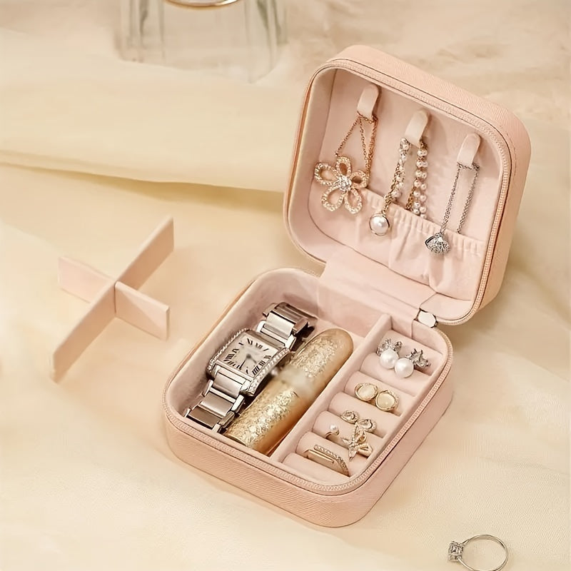 Waterproof PU jewelry organizer with zipper and detachable dividers. Ideal for rings, necklaces, watches, and earrings. Perfect gift for Christmas or Halloween. Great for travel and storage.